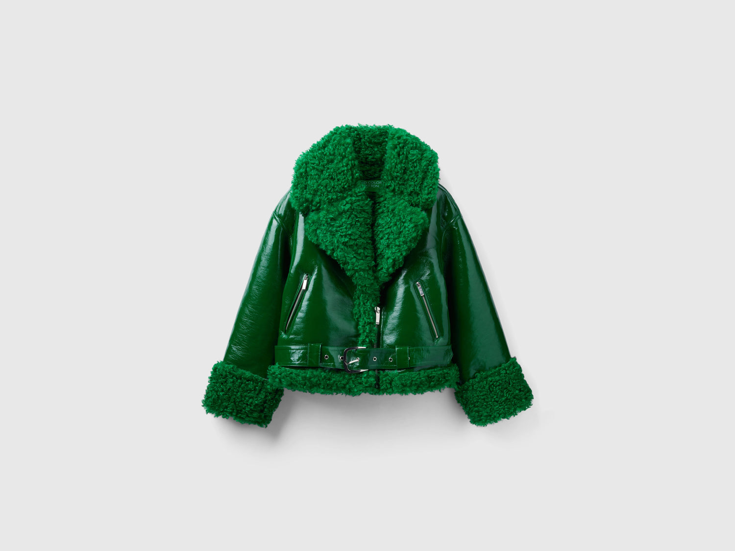 Chiodo in tessuto spalmato e pelliccia sintetica da donna verde | Benetton Outlet