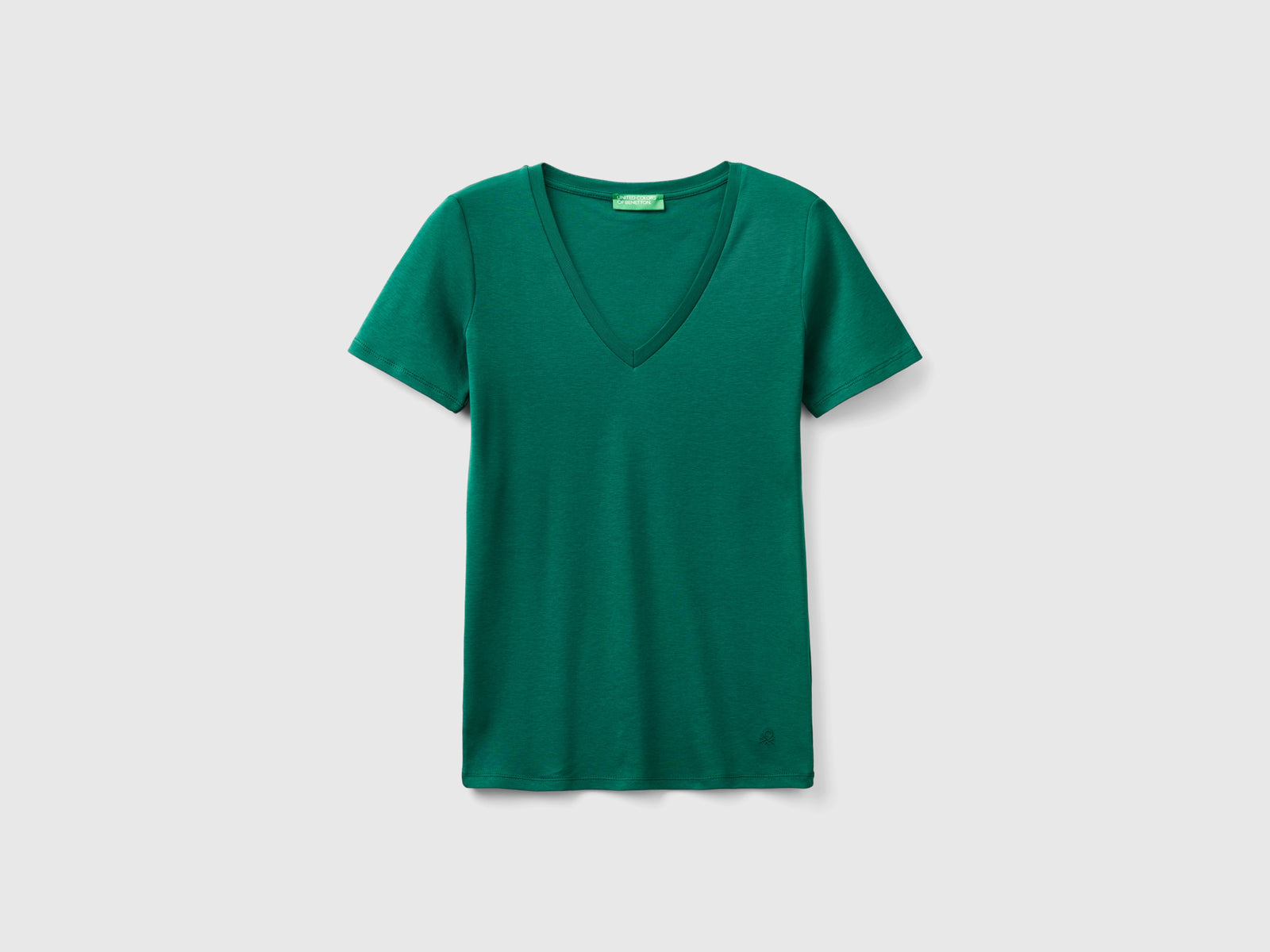 T-shirt in puro cotone con scollo a V da donna verde scuro | Benetton Outlet