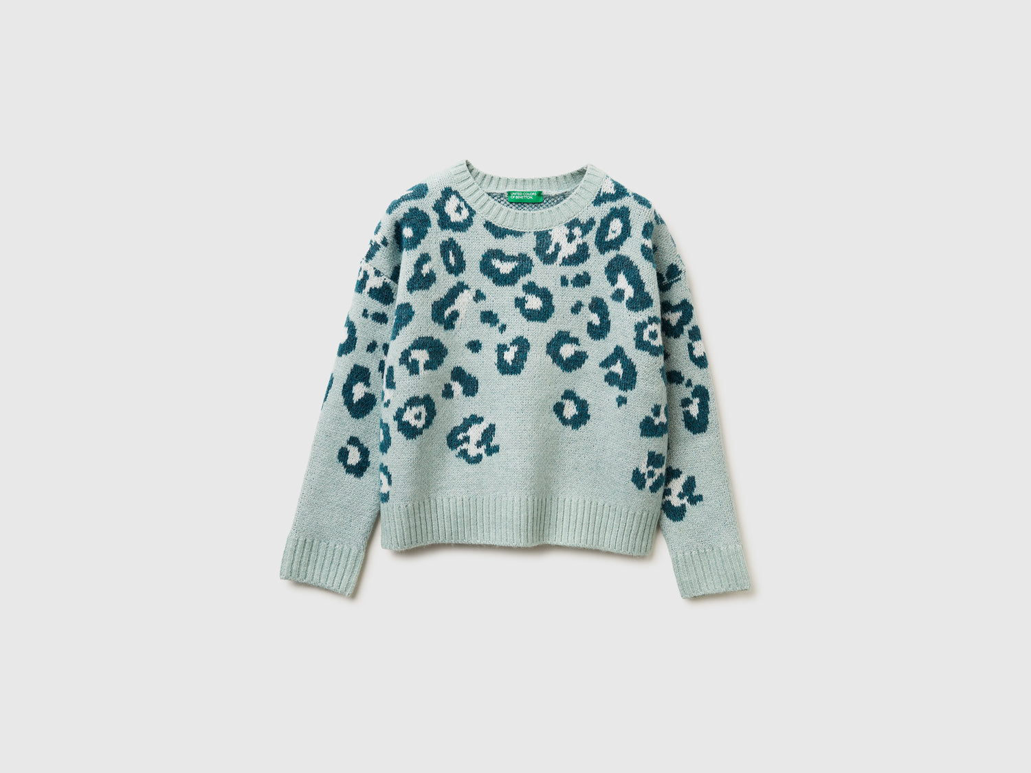 Maglia animalier in misto lana da bambina verde acqua | Benetton Outlet