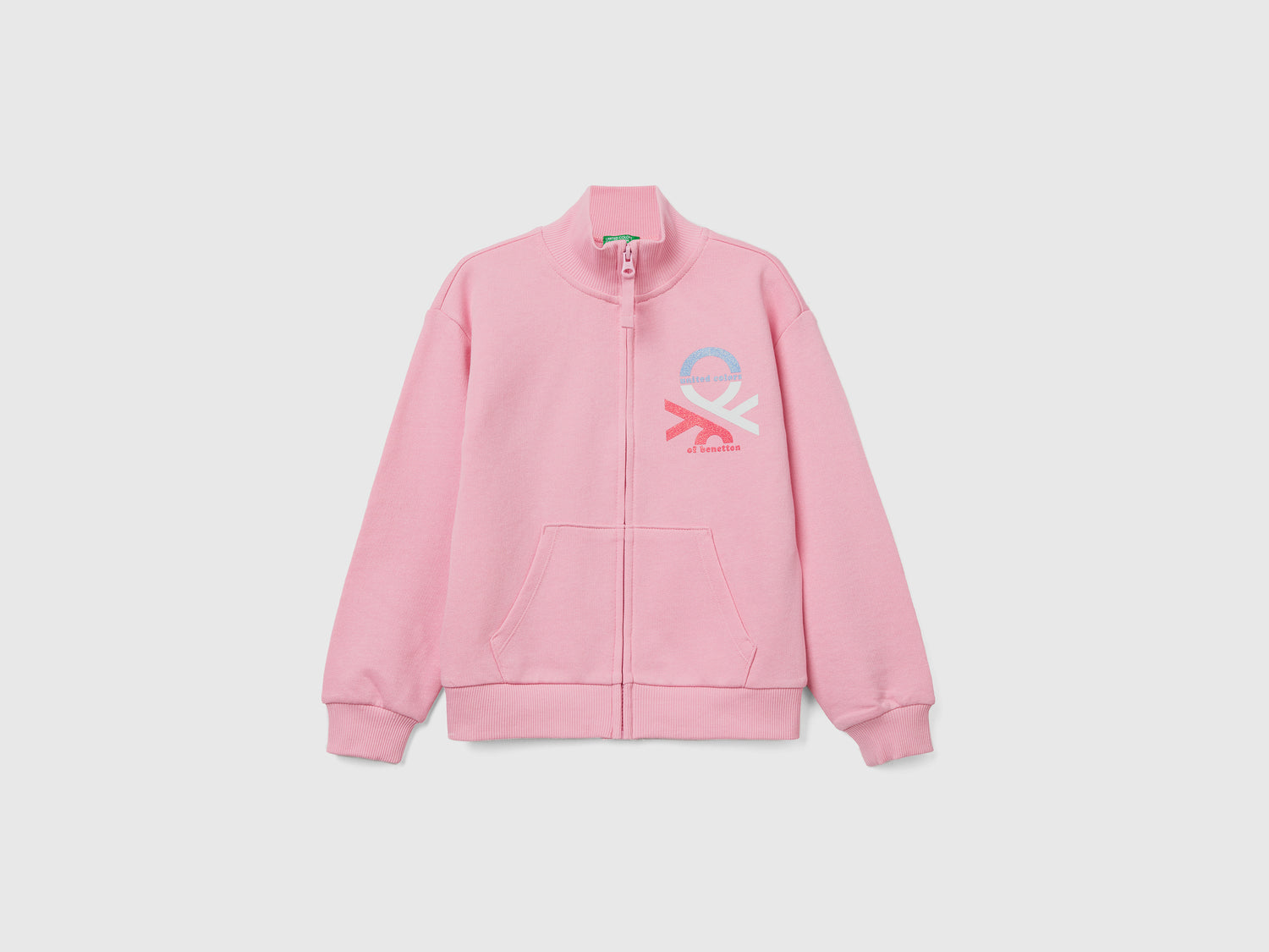 Felpa con colletto e apertura a zip in puro cotone da bambina rosa | Benetton Outlet