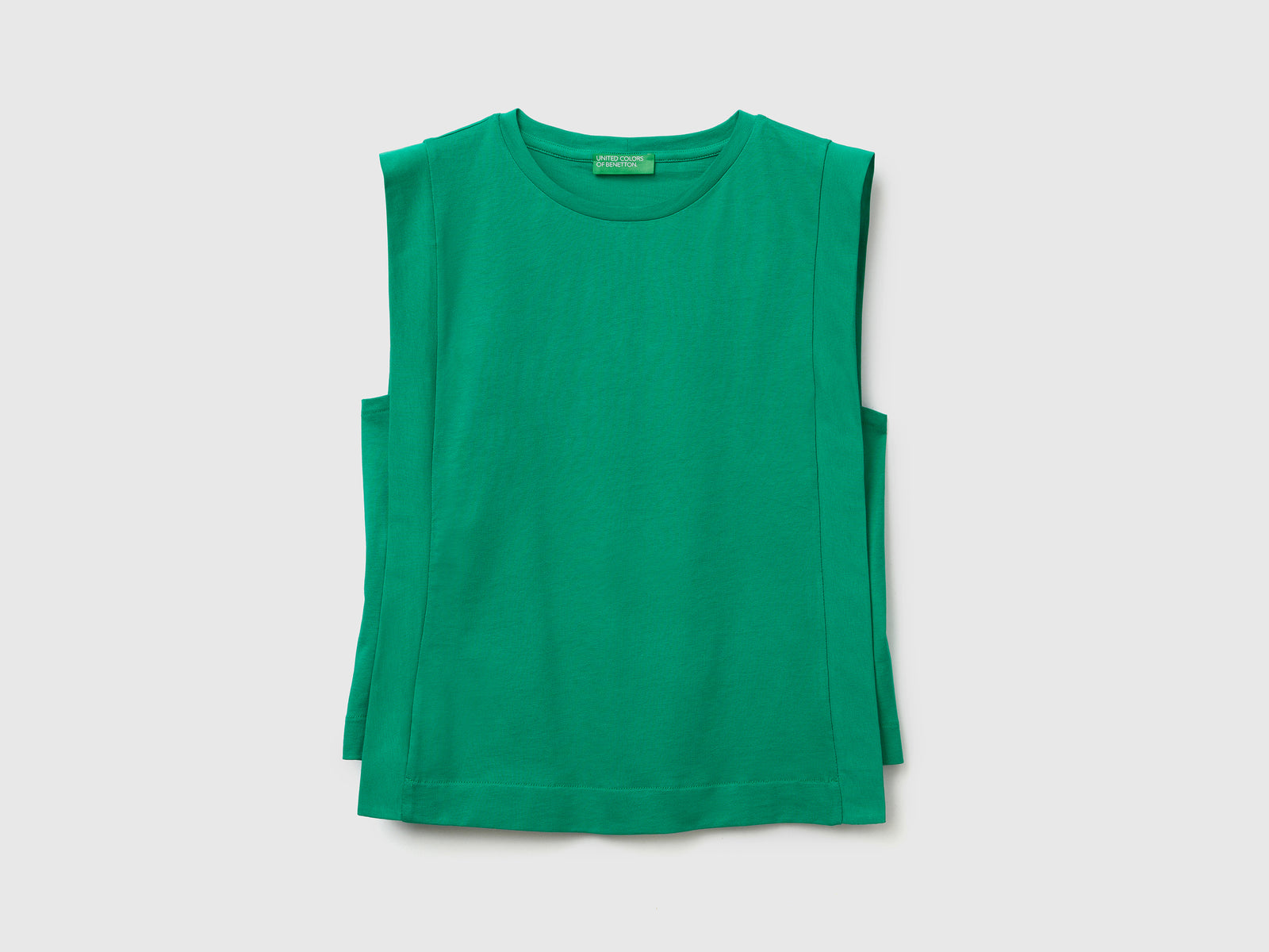 T-shirt smanicata girocollo in puro cotone da donna verde | Benetton Outlet