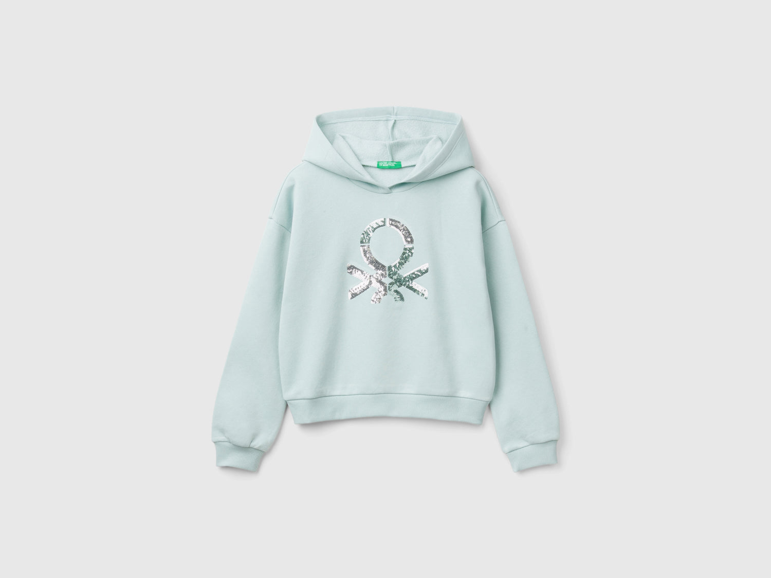 Felpa con cappuccio e paillettes da bambina verde acqua | Benetton Outlet