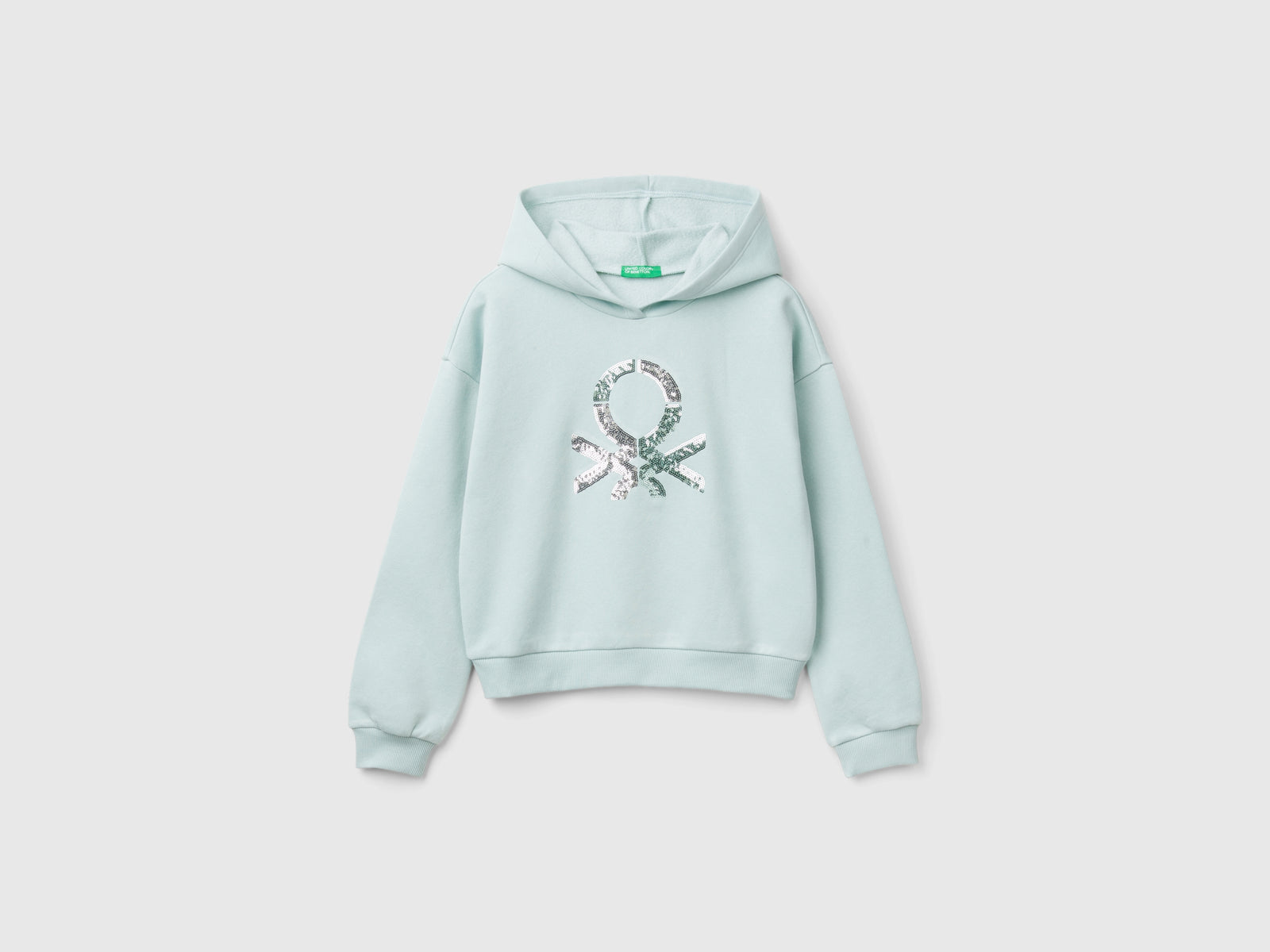 Felpa con cappuccio e paillettes da bambina verde acqua | Benetton Outlet