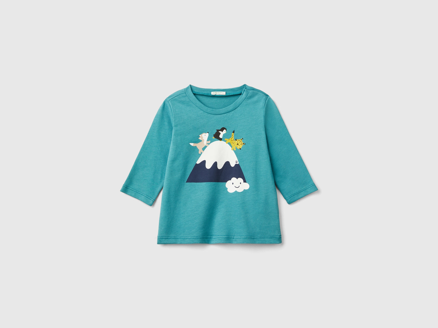Maglietta con stampa in caldo cotone bio da neonato verde ottanio | Benetton Outlet