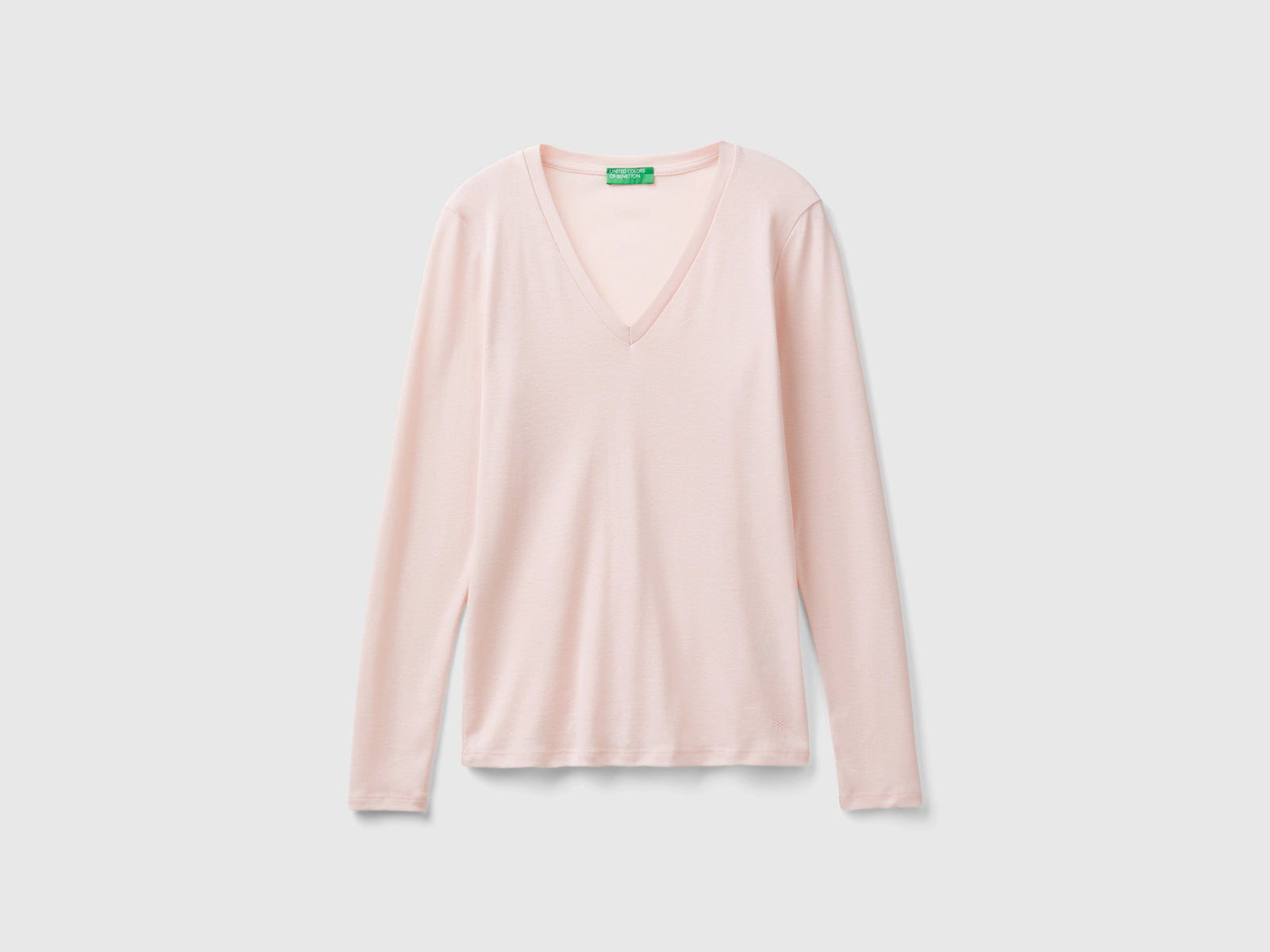 T-shirt a manica lunga con scollo a V da donna rosa pastello | Benetton Outlet