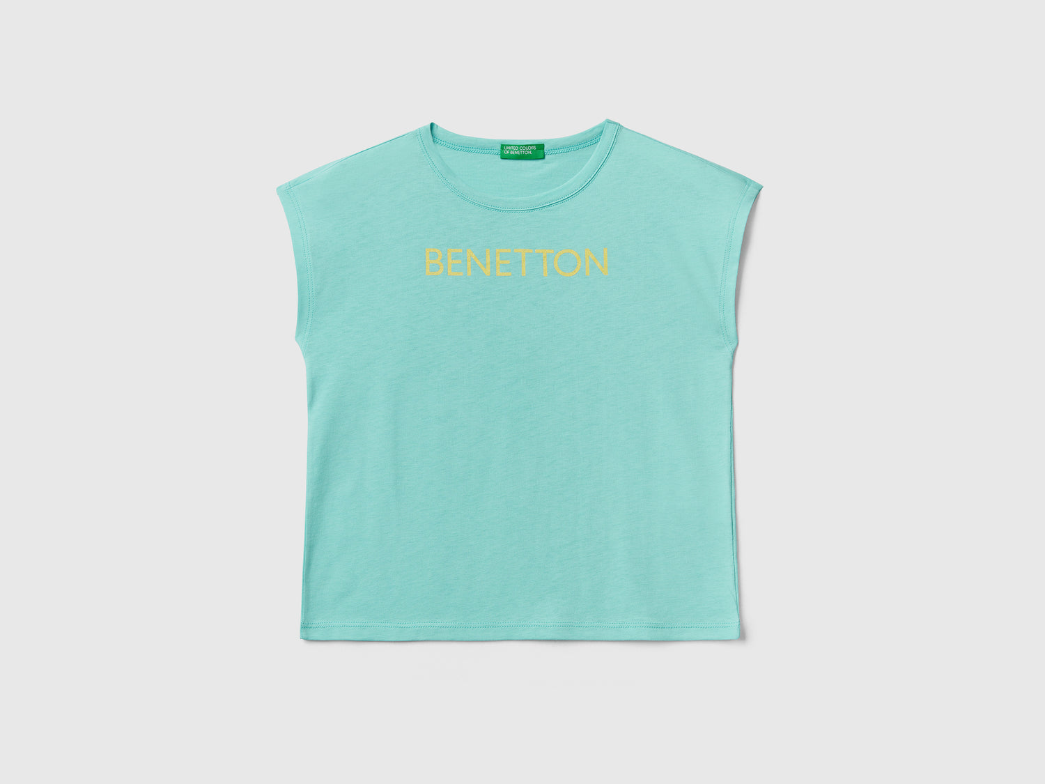 Maglietta girocollo a manica corta in puro cotone da bambina azzurro | Benetton Outlet