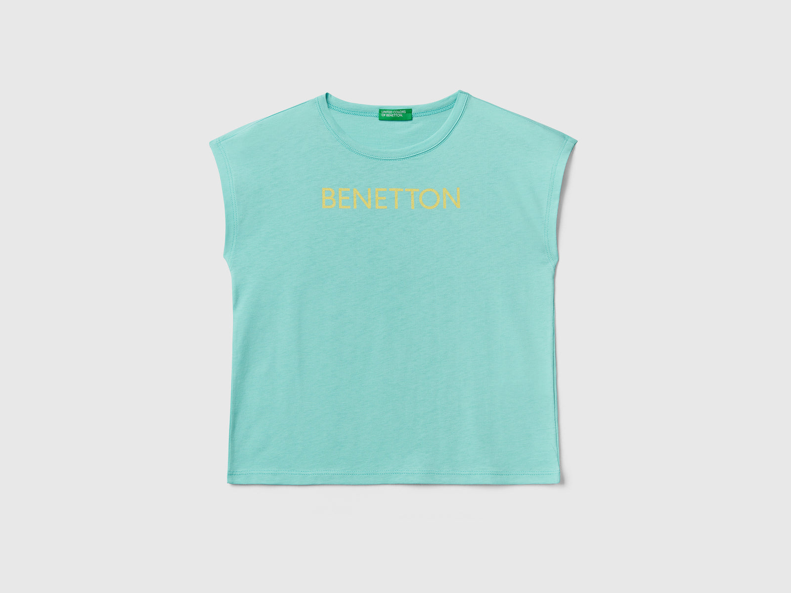 Maglietta girocollo a manica corta in puro cotone da bambina azzurro | Benetton Outlet