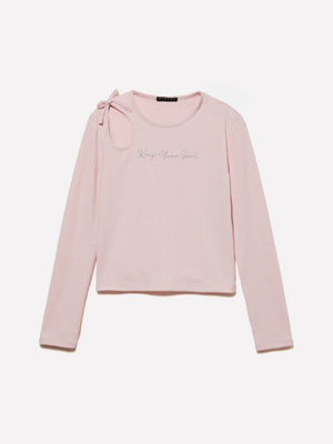 T-shirt a costine con ricamo e cut-out