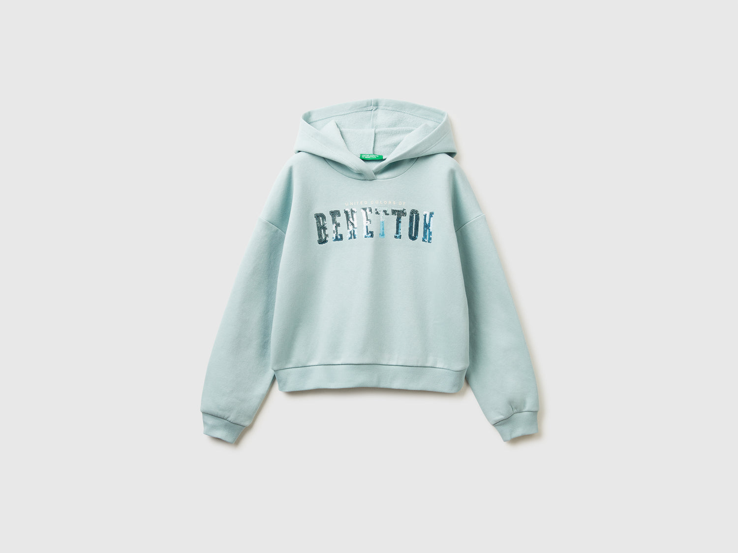 Felpa con cappuccio e paillettes da bambina verde acqua | Benetton Outlet