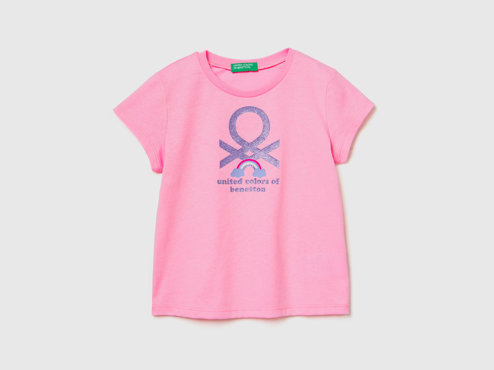 Maglietta girocollo a manica corta in puro cotone da bimba rosa | Benetton Outlet