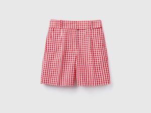 Pantaloni corti a vita alta in misto cotone e lino con fantasia a quadretti