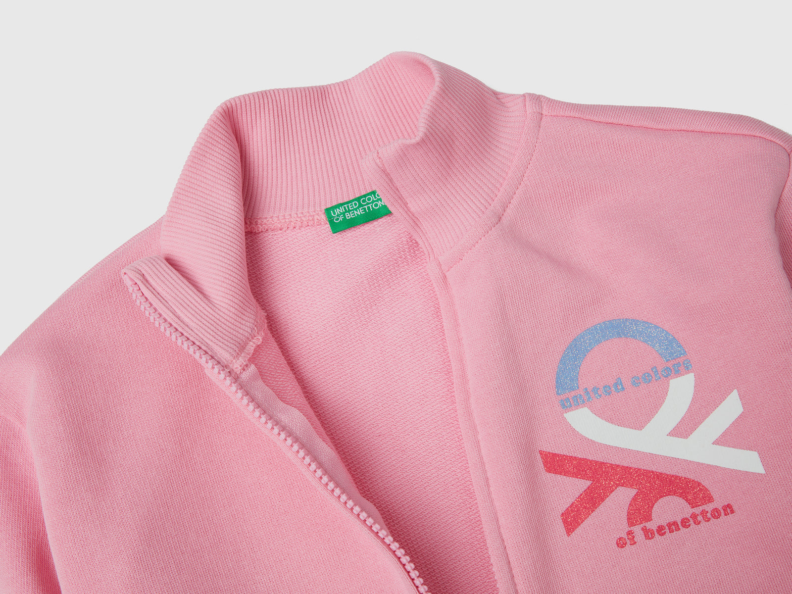 Felpa con colletto e apertura a zip in puro cotone da bambina rosa 2 | Benetton Outlet