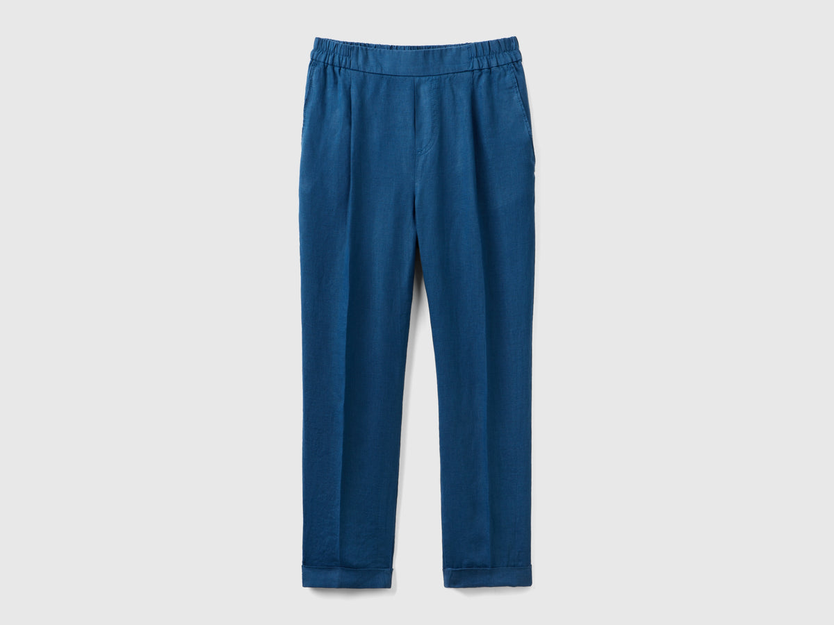 Pantaloni lunghi in puro lino con taglio cropped e gamba affusolata
