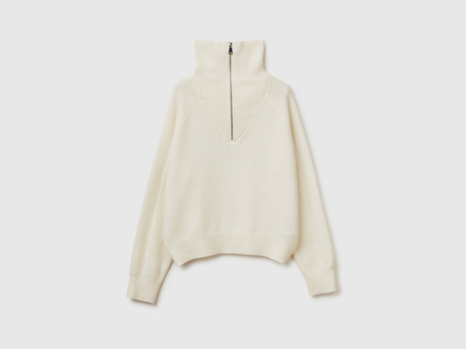 Maglia con mezza zip 100% lana da donna bianco panna | Benetton Outlet