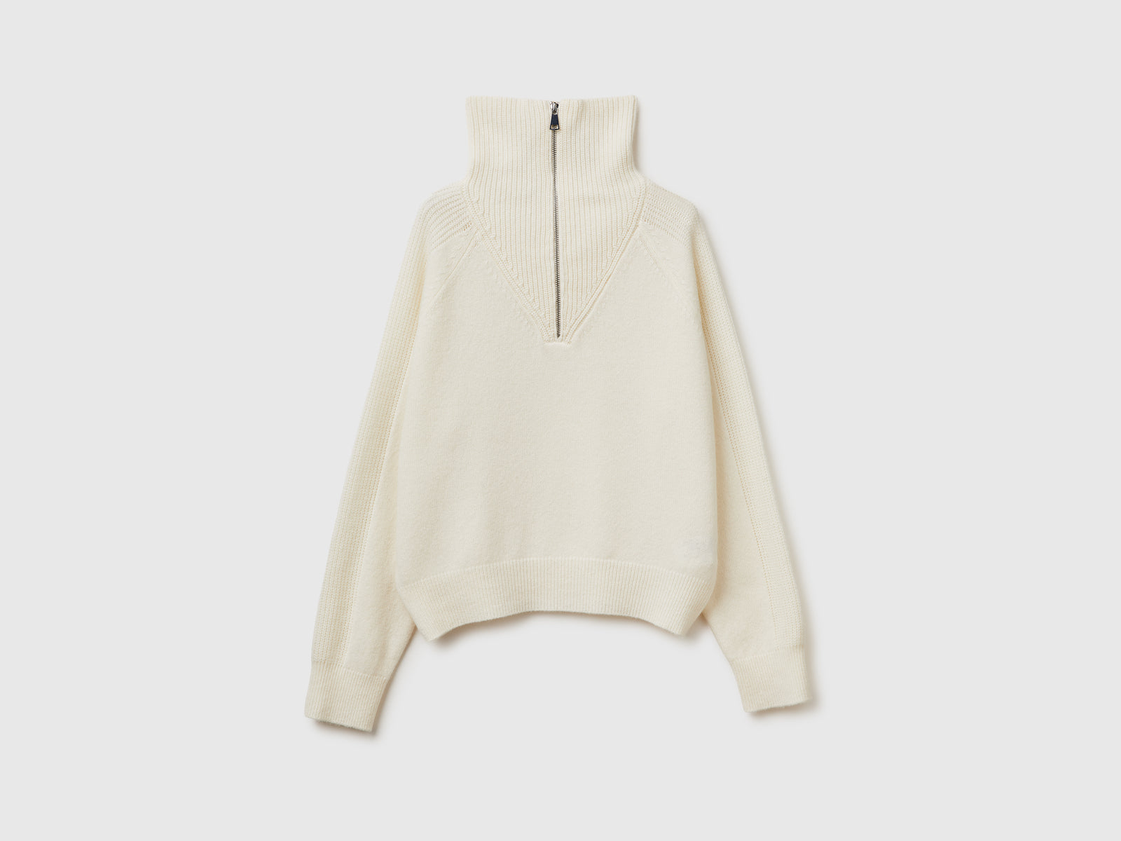 Maglia con mezza zip 100% lana da donna bianco panna | Benetton Outlet
