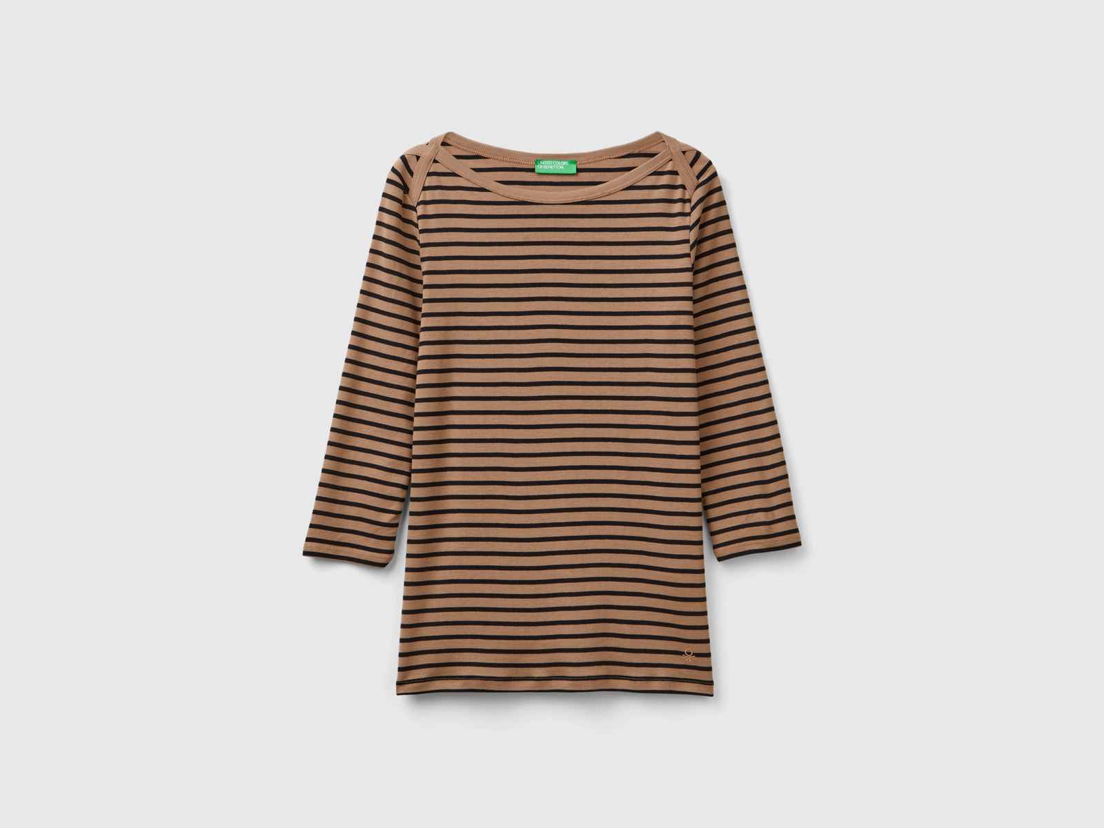 T-shirt manica 3/4 a righe in puro cotone da donna cammello | Benetton Outlet