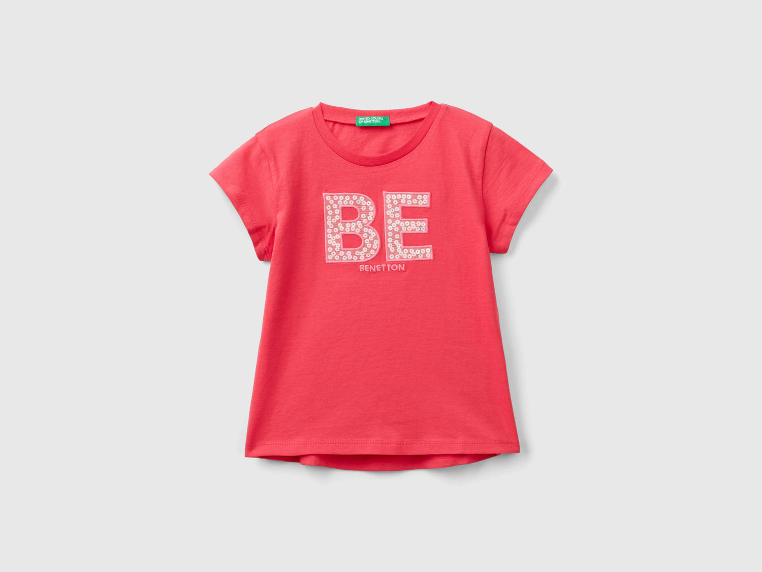 Maglietta con ricamo logo in cotone bio da bimba fucsia | Benetton Outlet