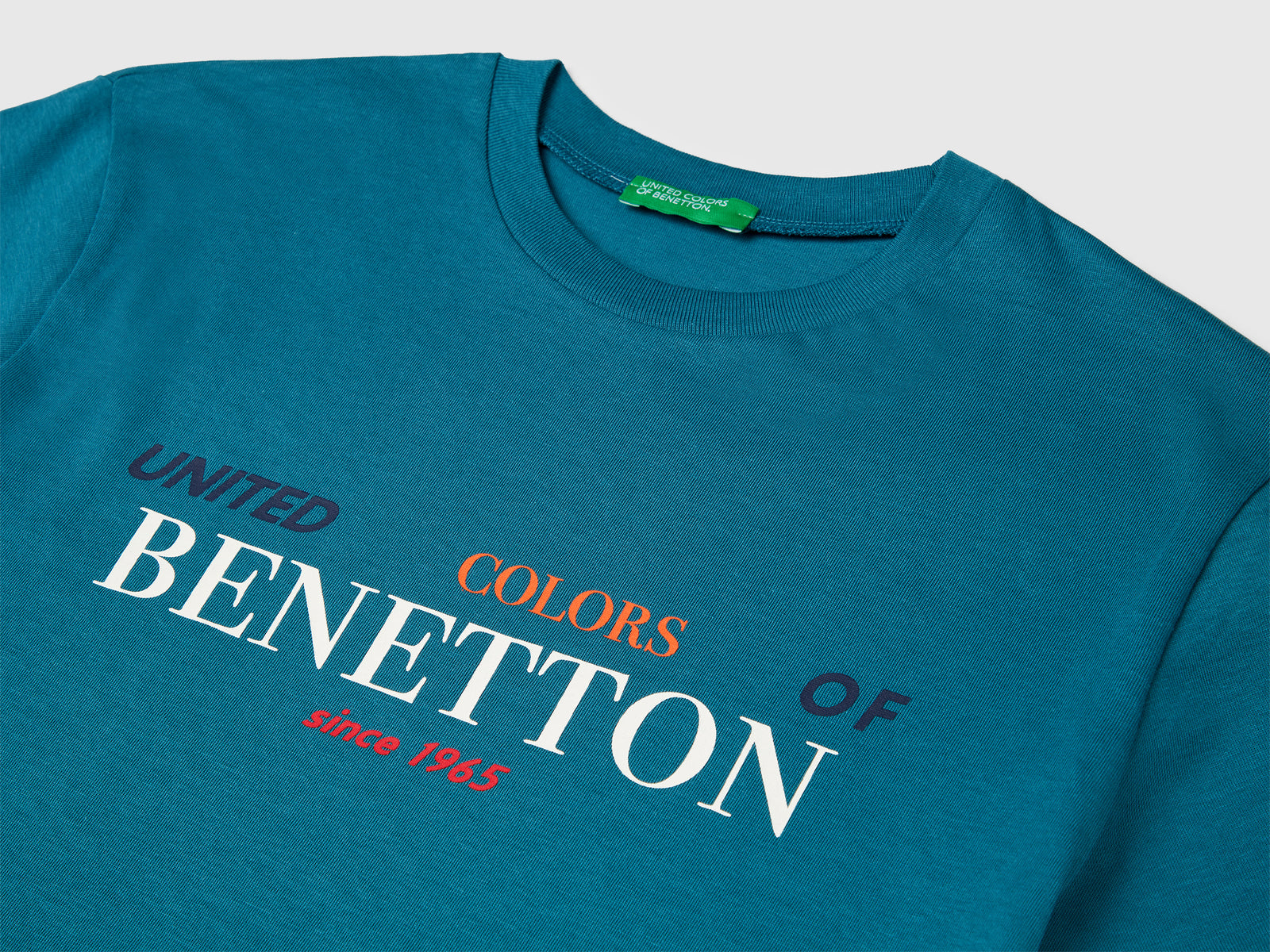 Maglietta in cotone con stampa da bambino verde ottanio 3 | Benetton Outlet