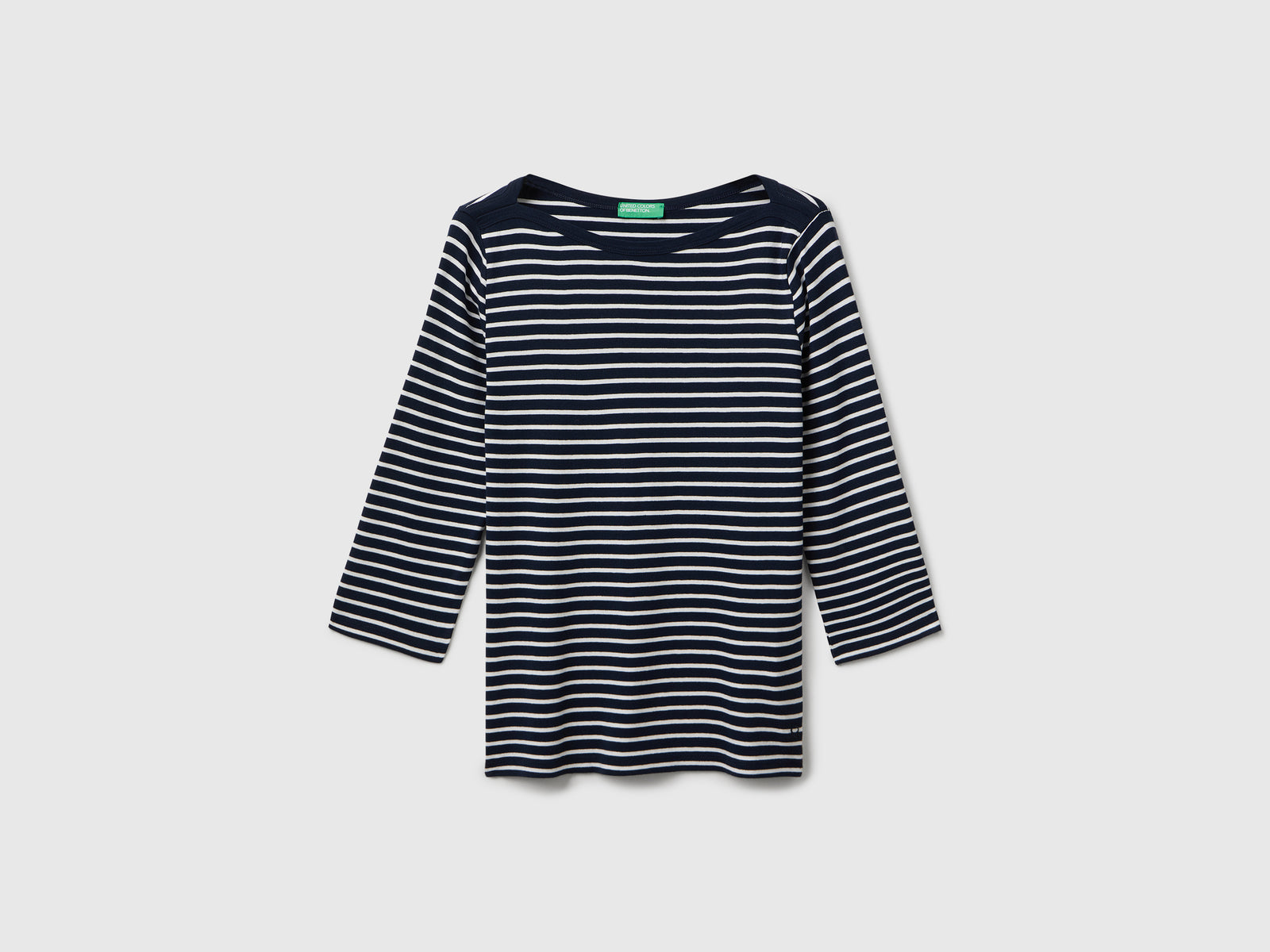T-shirt manica 3/4 a righe in puro cotone da donna blu scuro | Benetton Outlet