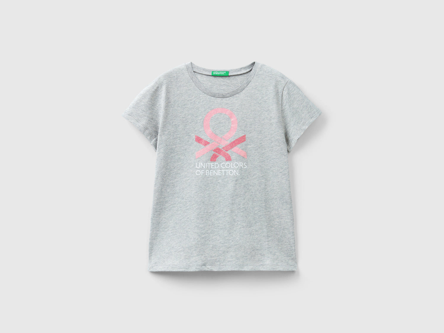 T-shirt con logo glitter in cotone bio da bambina grigio chiaro | Benetton Outlet