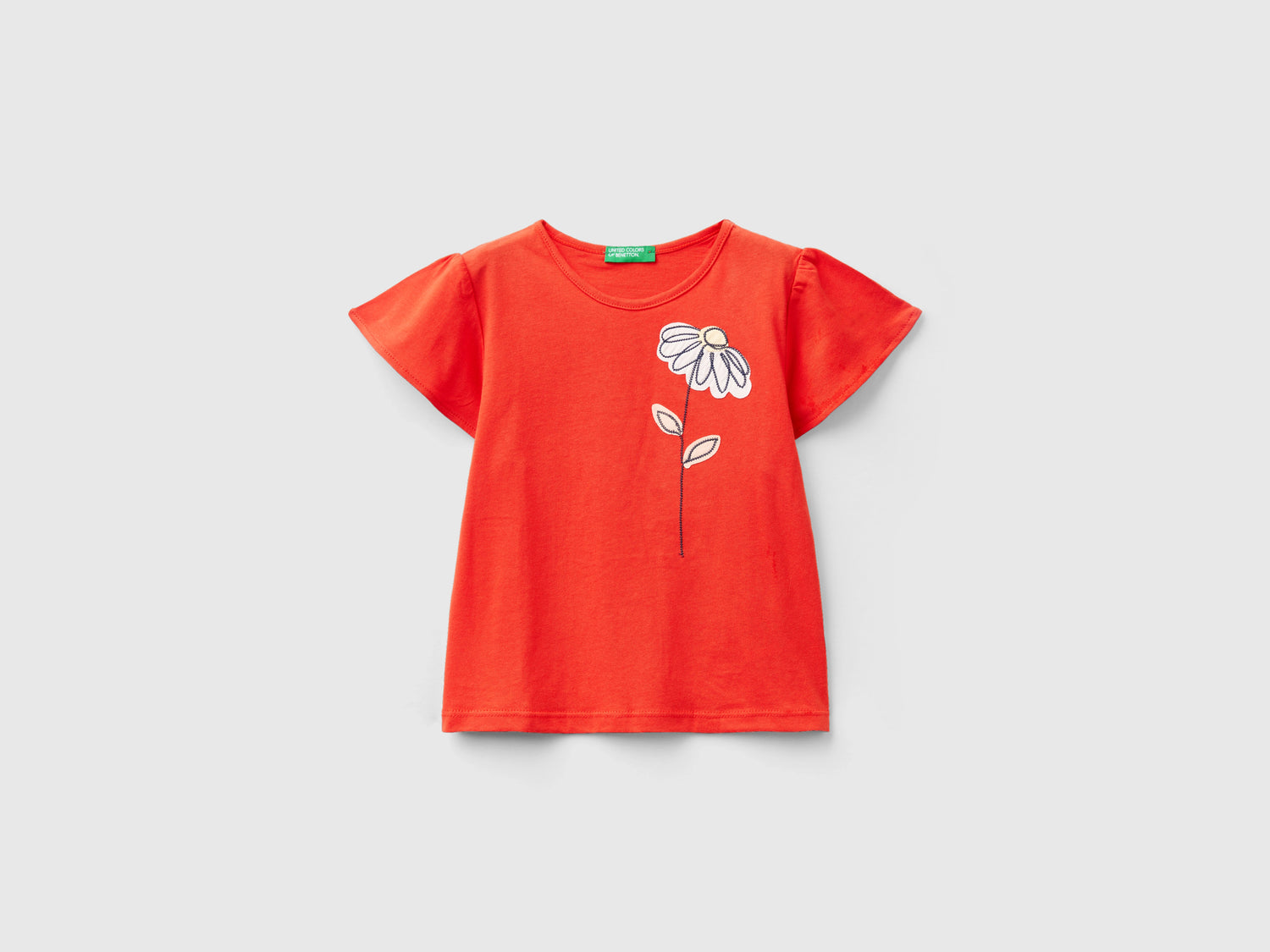 Maglietta con ricamo floreale da bimba rosso | Benetton Outlet