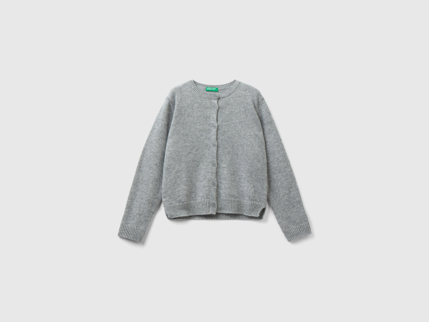 Cardigan girocollo con logo in strass da bambina grigio chiaro | Benetton Outlet