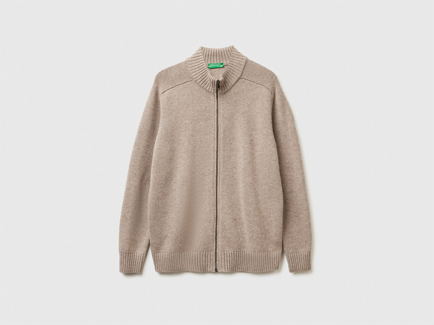 Cardigan con zip in pura lana Merino da uomo tortora | Benetton Outlet