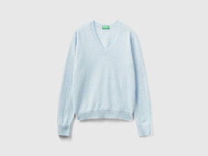 Maglia con scollo a V celeste in pura lana Merino