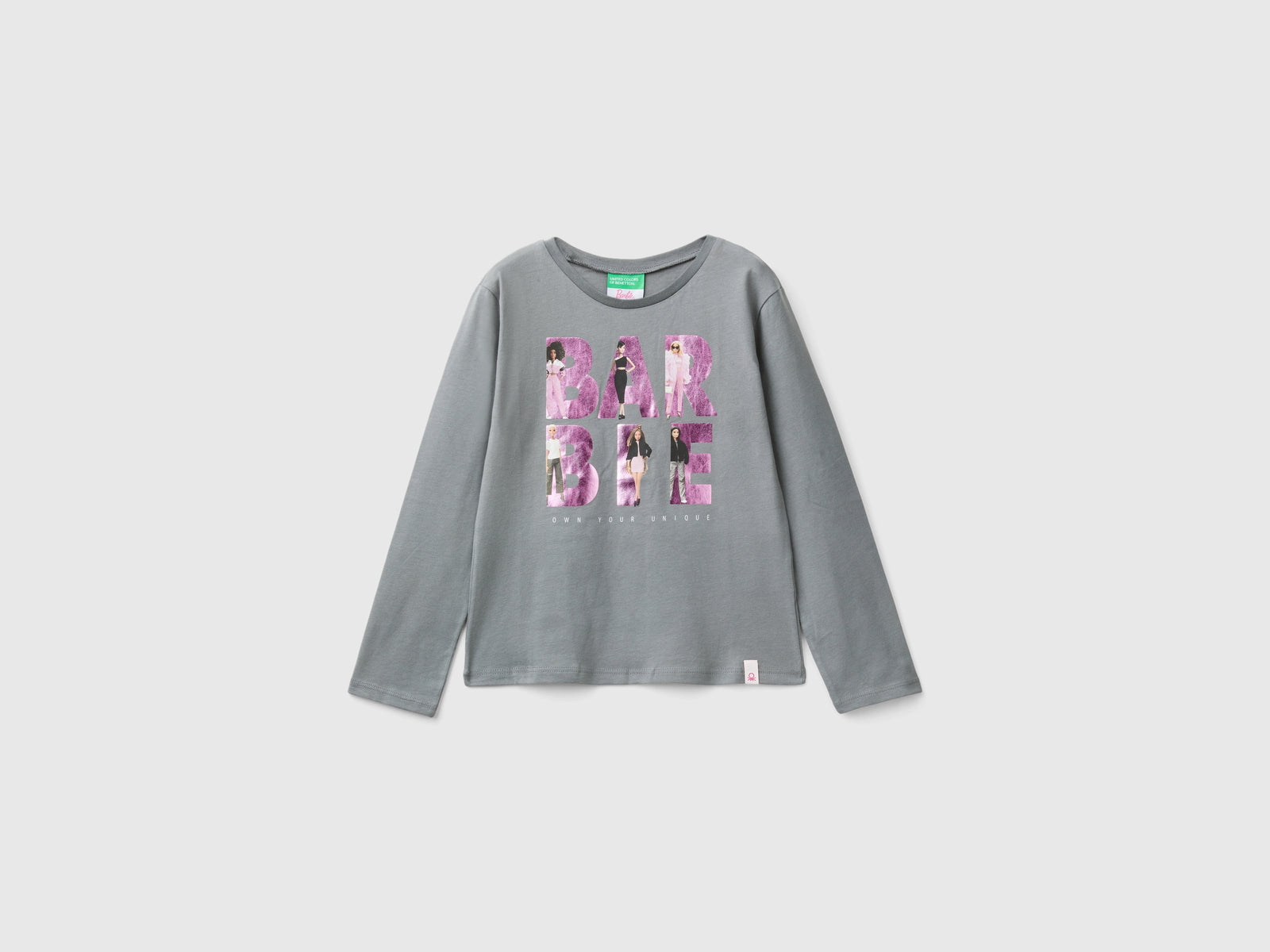T-shirt con stampa laminata Barbie da bambina grigio scuro | Benetton Outlet