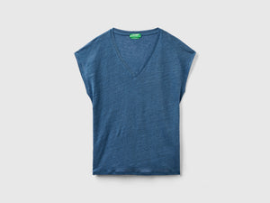 T-shirt scollo a V in puro lino