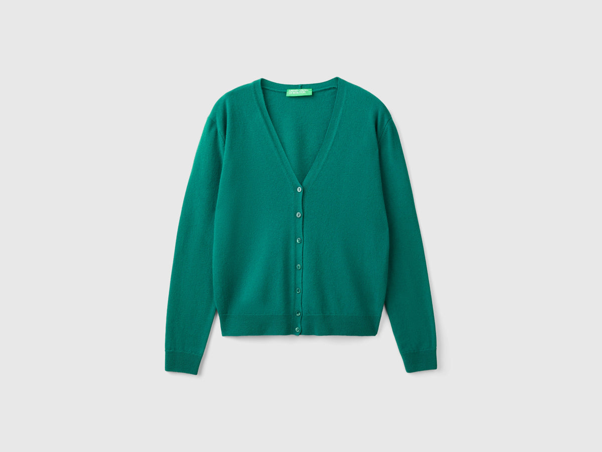 Forest green V-neck cardigan in pure Merino wool