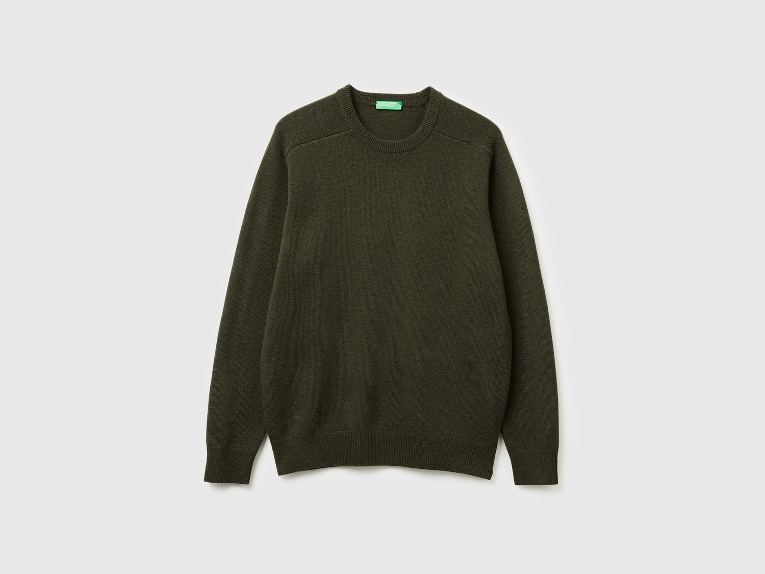 Maglia girocollo in pura lana Merino da uomo verde scuro | Benetton Outlet