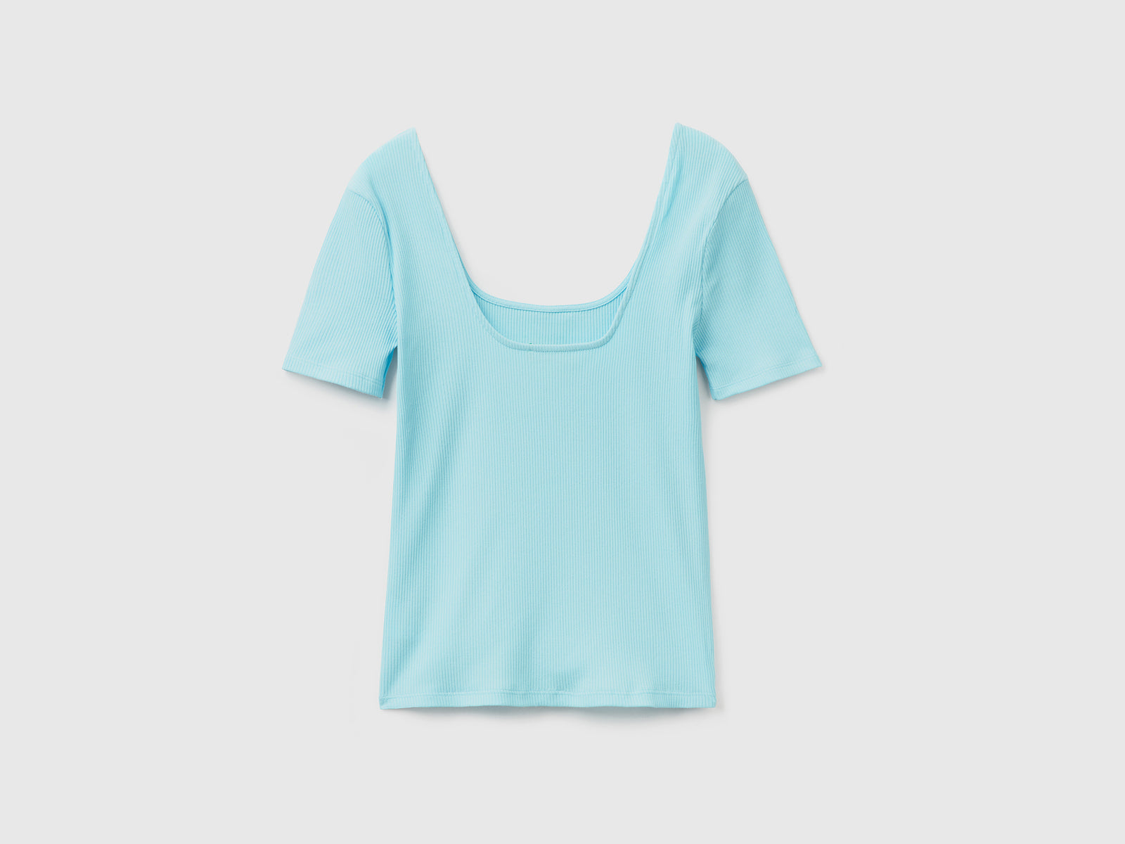 Maglietta a manica corta in costina di cotone elasticizzato da donna azzurro 2 | Benetton Outlet