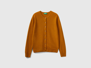 Cardigan girocollo tabacco in pura lana Merino