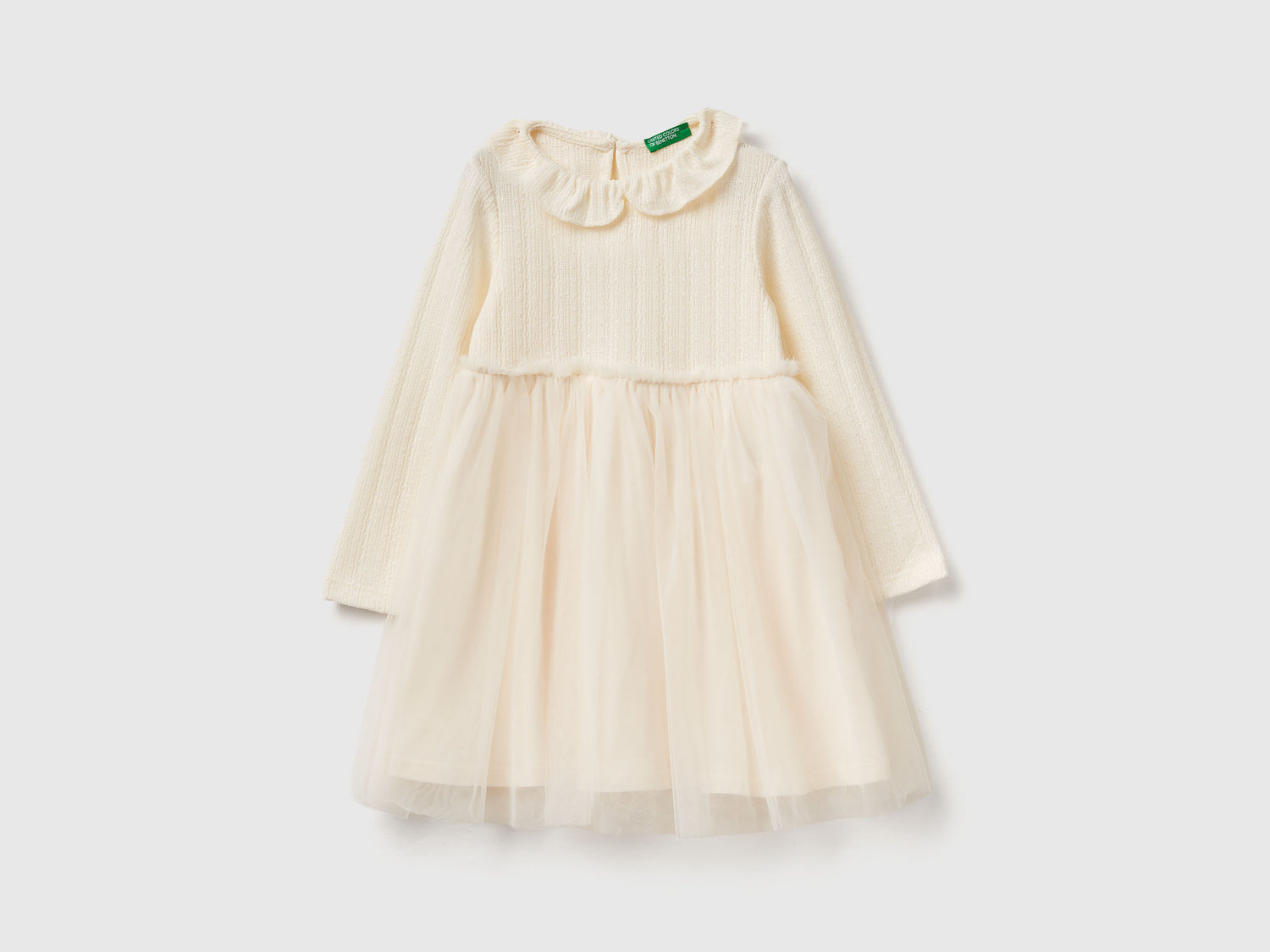 Abito con colletto in tulle da bimba bianco panna | Benetton Outlet