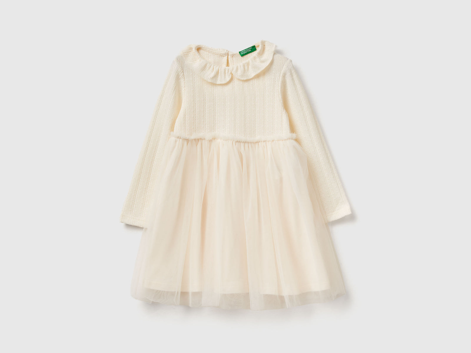 Abito con colletto in tulle da bimba bianco panna | Benetton Outlet