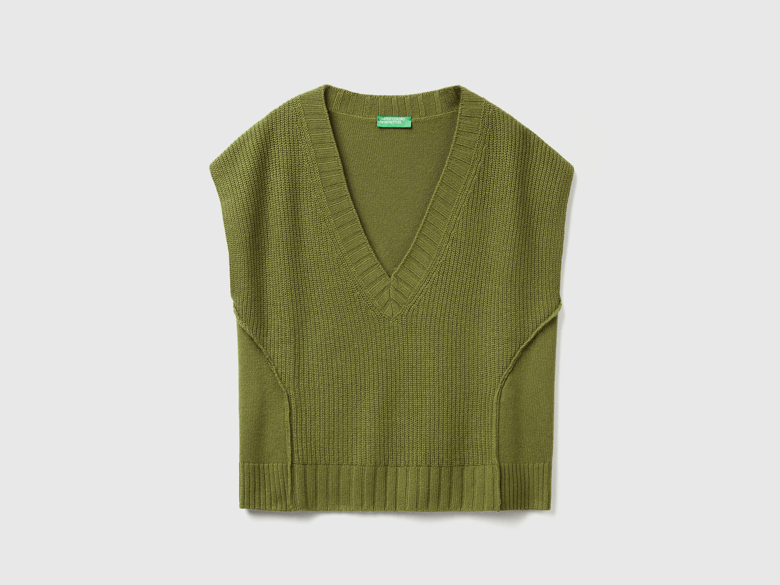 Gilet con scollo a V in misto lana da donna verde militare | Benetton Outlet