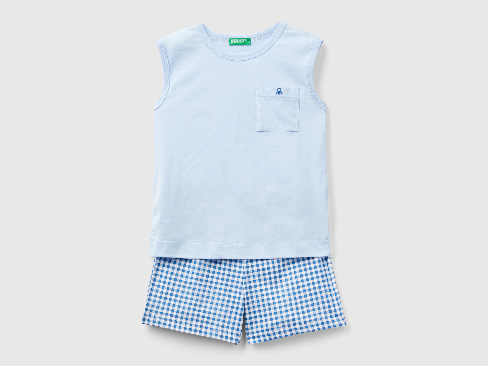 Pigiama canotta e shorts a quadri da bambino celeste | Benetton Outlet