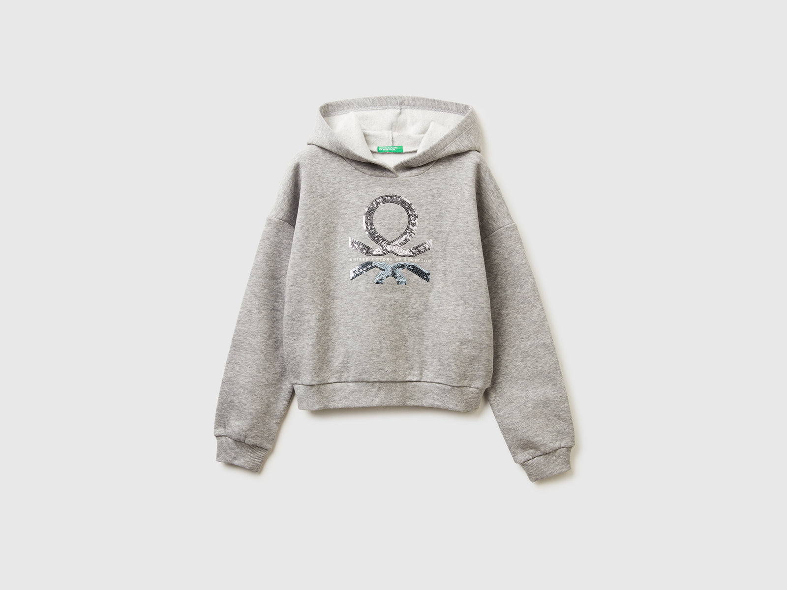 Felpa con cappuccio e paillettes da bambina grigio chiaro | Benetton Outlet