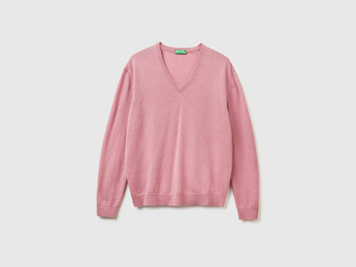 Maglia scollo a V rosa mélange in pura lana Merino