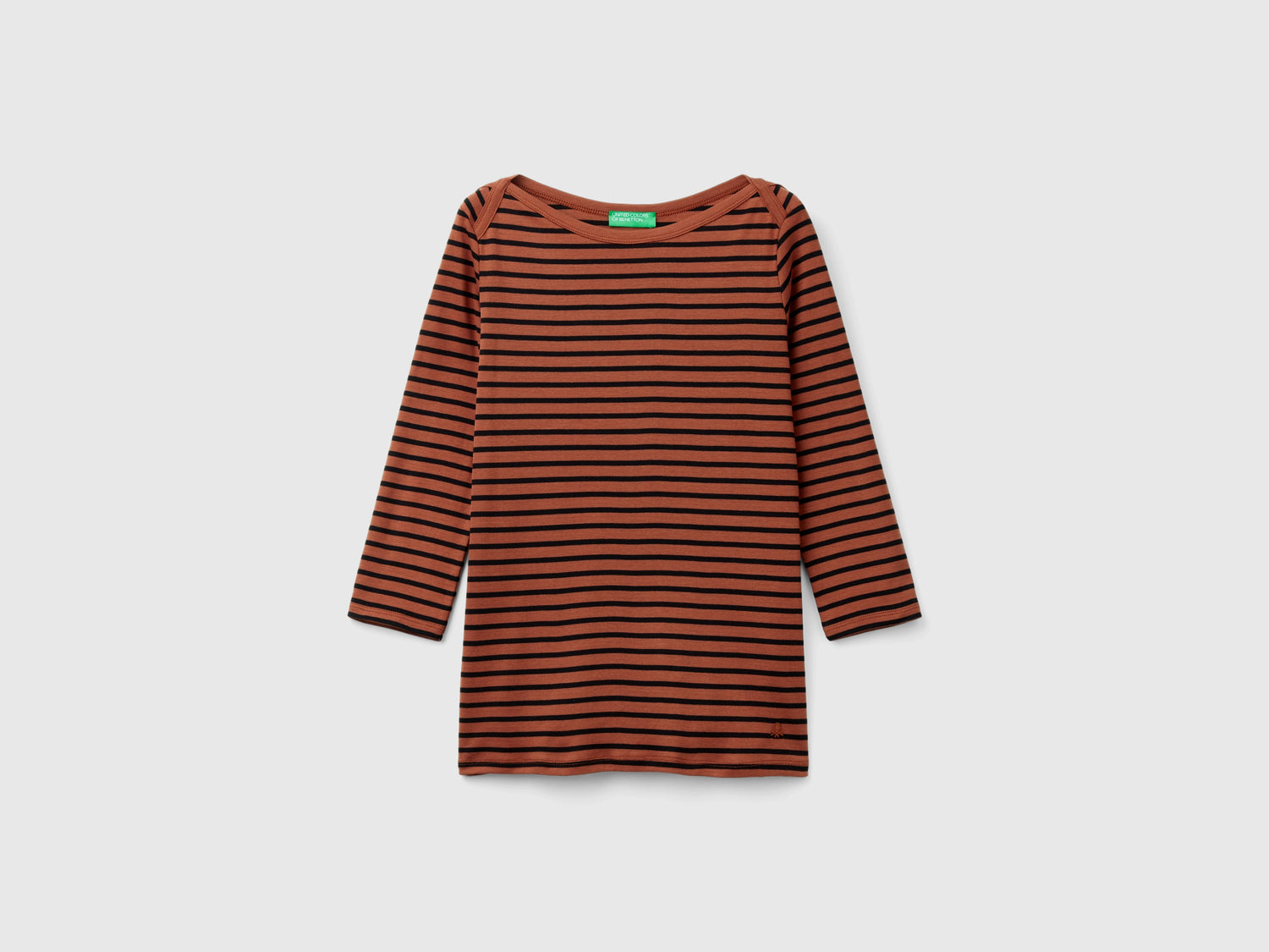 T-shirt manica 3/4 a righe in puro cotone da donna marrone | Benetton Outlet