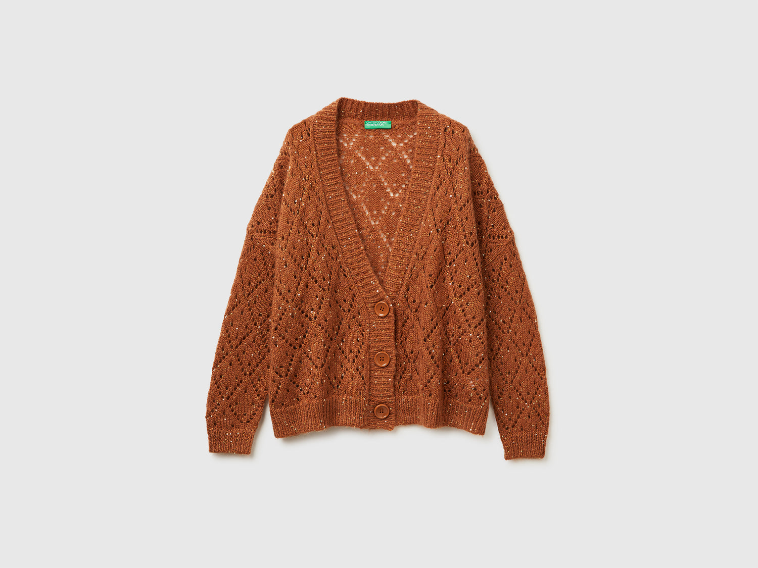 Cardigan traforato con paillettes da donna cammello | Benetton Outlet