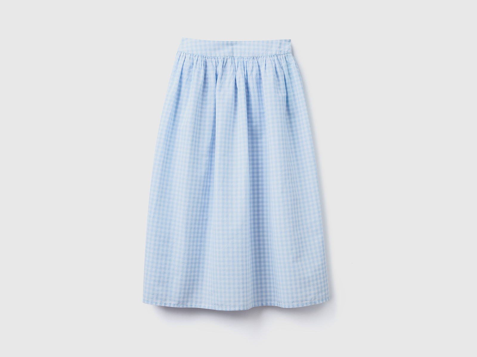 Gonna midi in misto cotone e lino con fantasia a quadretti vichy da donna celeste | Benetton Outlet